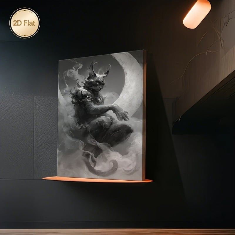 Framed Canvas Art Painting - Moonlight Cat Monster with Horns and Smoke - Image 5