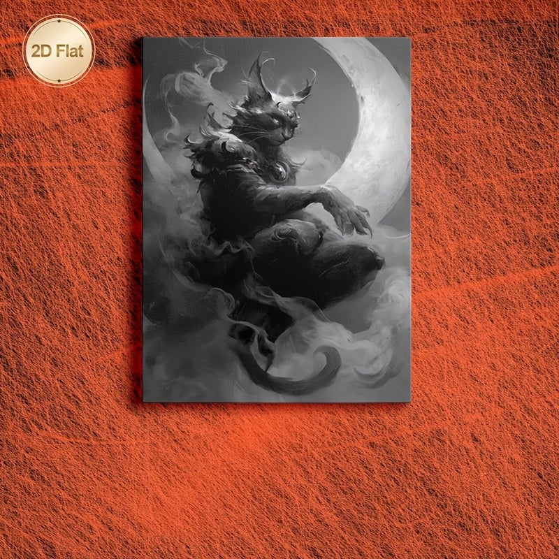 Framed Canvas Art Painting - Moonlight Cat Monster with Horns and Smoke - Image 2