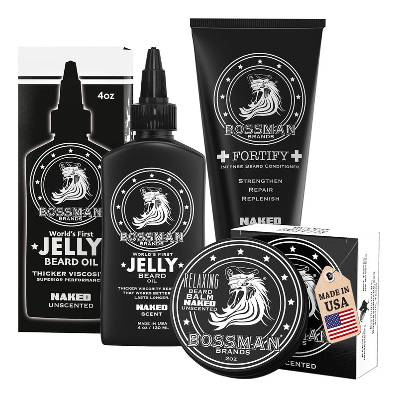 Bossman Essentials Beard Kit for Men  Beard Oil Jelly Fortifying Conditioner Cream  Beard Balm  Grooming Care Accessories Naked  Unscented