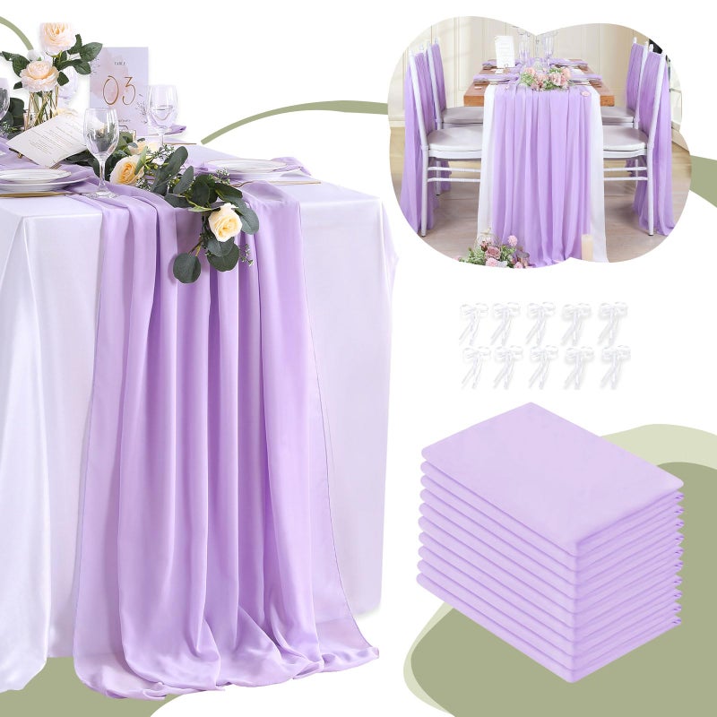 10 Pieces 10Ft Chiffon Table Runners Light Purple Sheer Rustic Gauze Spring Easter Table Runner Elegant Wedding Bridal Party Birthday Decorations 27x120 Inches