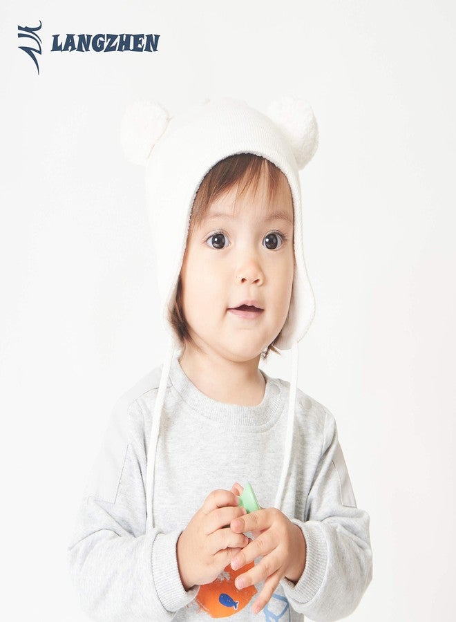 LANGZHEN Cute Pom Pom Babys Winter Hat Infant Earflap Knit Warm Cap for Boys Girls Toddler Kids Fleece Lined Beanie (Classic -White, 6-12 Months) - Image 3