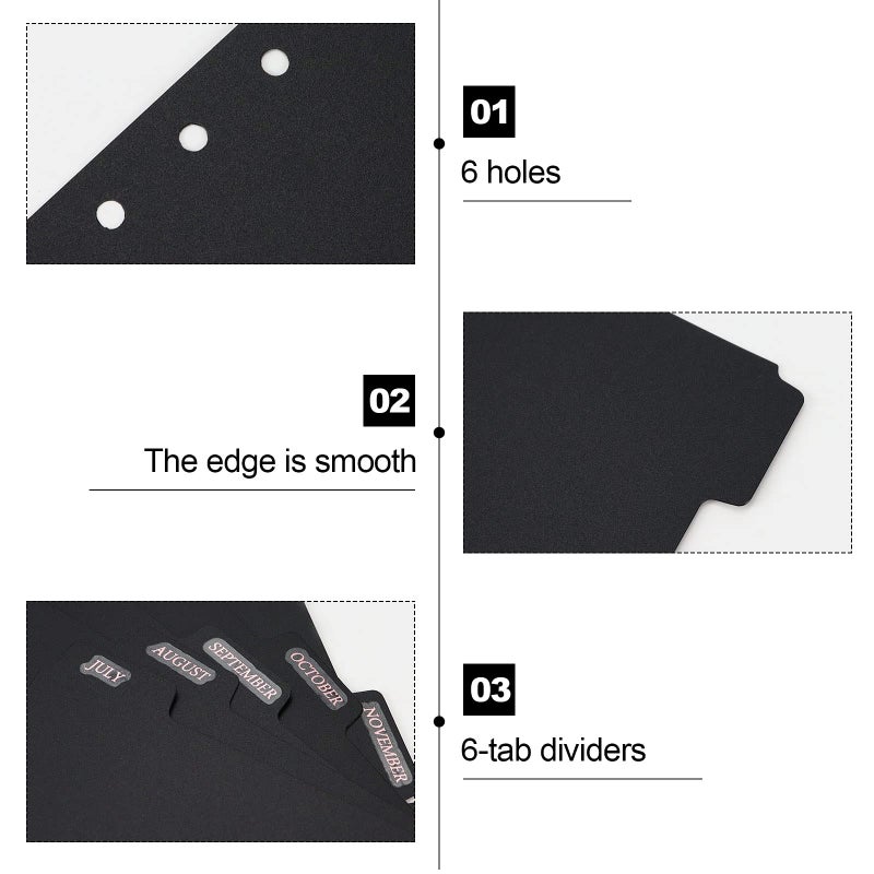 Koqye A5 Black Dividers 6-Tab Sturdy Plastic Planner Dividers Page Protectors for 6-Ring Binders, Agenda, Notebooks Inserts(No Stickers) - Image 2