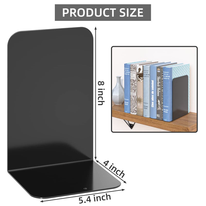 VFINE Bookends 1 Pair, Black Metal Book Ends, Heavy Bookends for Shelves, Book Stopper for Heavy Books, Book Organizer for Home Office School Supplies - Image 2