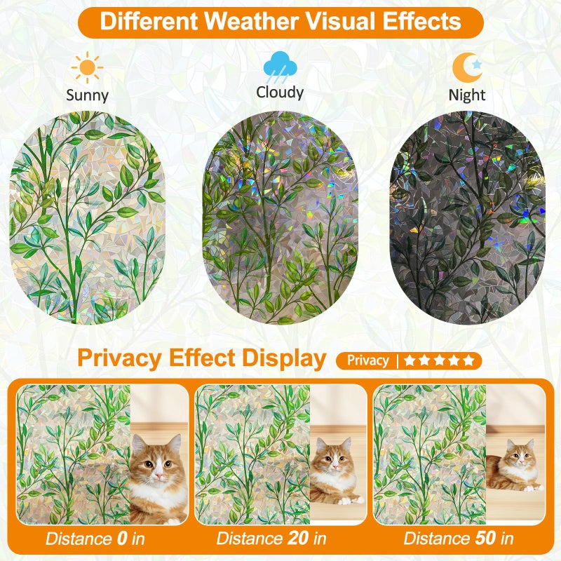 Countewol Window Privacy Film Stain Glass Window Film Rainbow Window Film Window clings Non-Adhesive Reusable Decorative for Room (Leaf Rainbow, 23.6 x 78.7 in) - Image 3