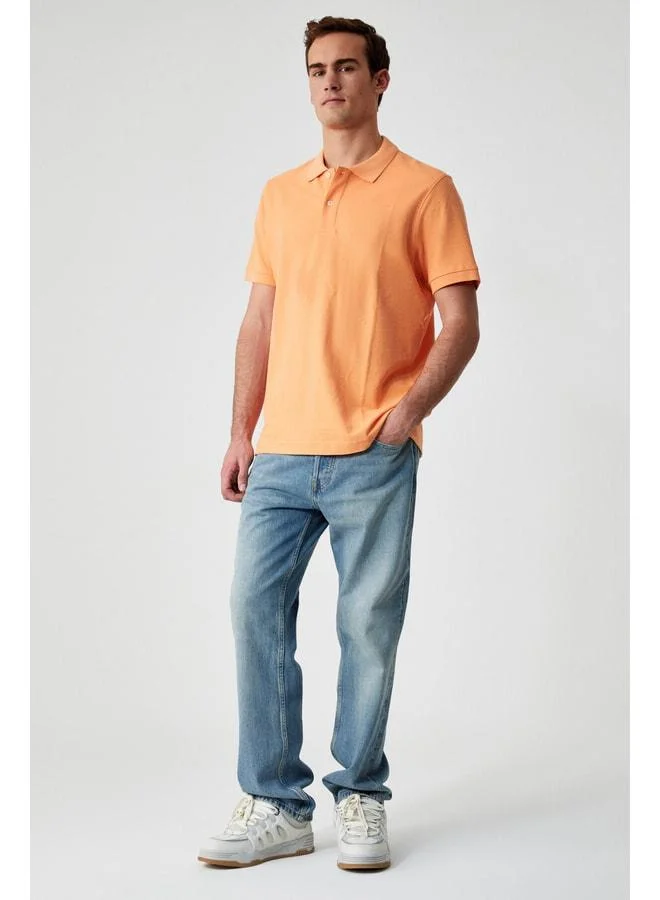 Grimelange ZEKE Men's Polo Collar Relaxed Fit Patterned Button Short Sleeve Orange T-Shirt.
