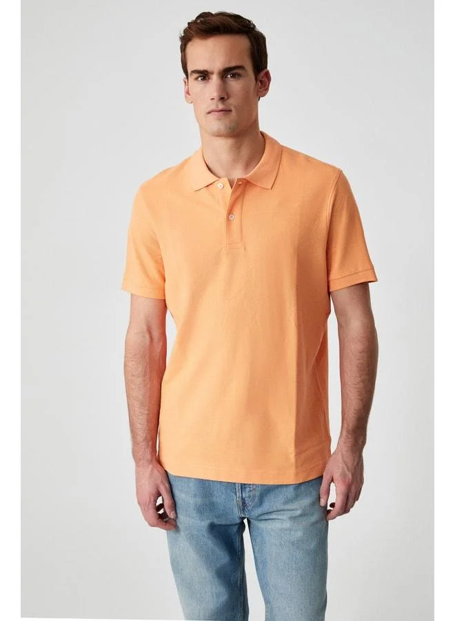 Grimelange ZEKE Men's Polo Collar Relaxed Fit Patterned Button Short Sleeve Orange T-Shirt.