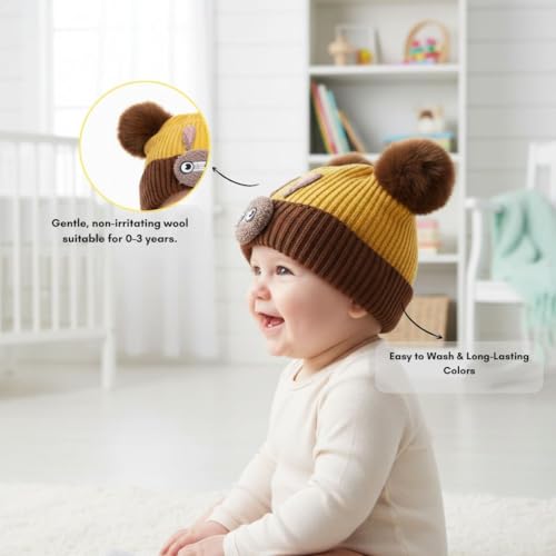 Mee Trend Baby Woolen Winter Cap for Boys & Girls | Soft Knitted Warm Beanie Hat with Cute Ears & Bunny Design | Premium Wool Cap for Infants & Toddlers(Yellow-Brown(6 to 18 Months)) - Image 3