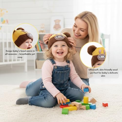Mee Trend Baby Woolen Winter Cap for Boys & Girls | Soft Knitted Warm Beanie Hat with Cute Ears & Bunny Design | Premium Wool Cap for Infants & Toddlers(Yellow-Brown(6 to 18 Months)) - Image 4