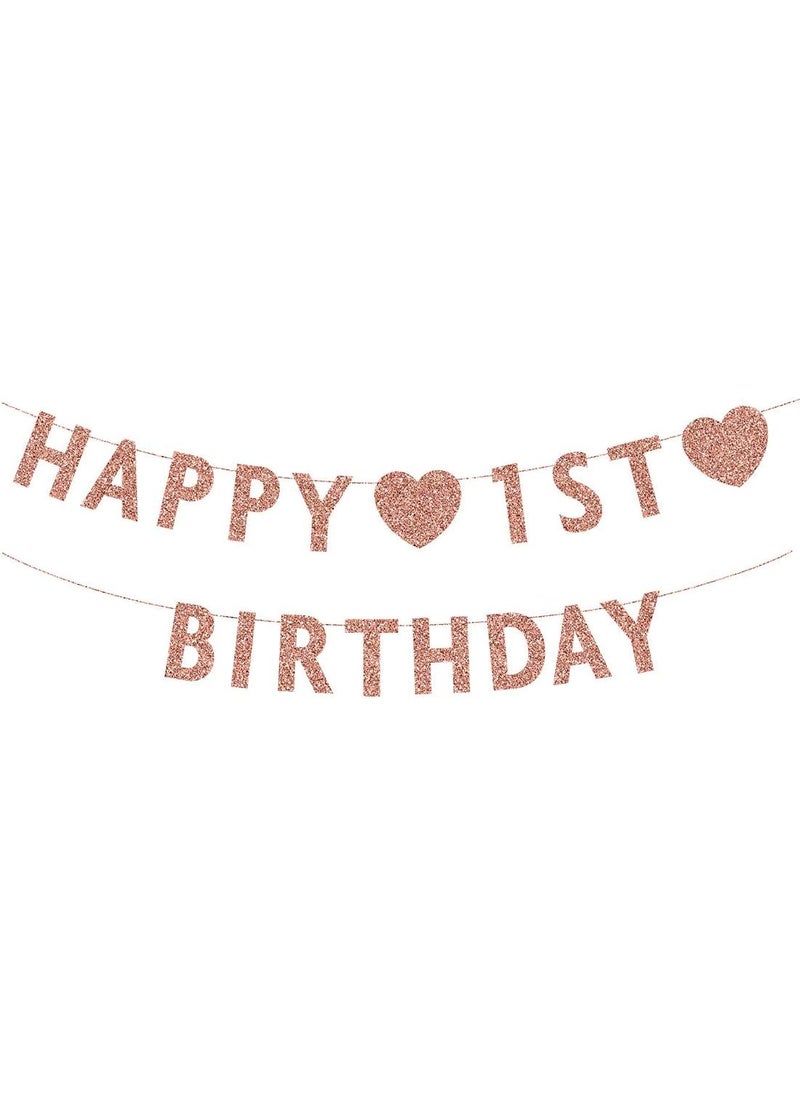MAGJUCHE Rose Gold 1st Birthday Banner Glitter Happy 1 Years Old Boy or Girl Party Decorations Supplies  - Image 1