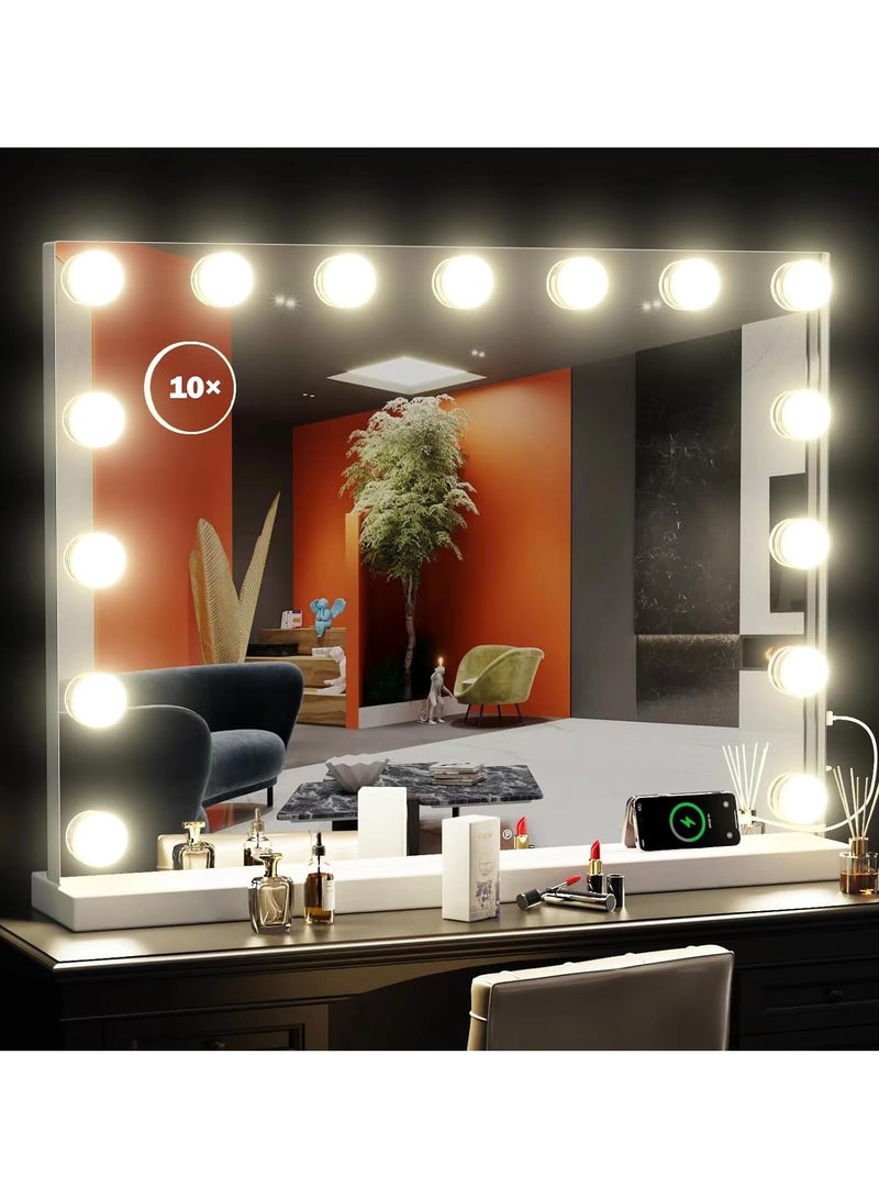 DANIM Vanity Mirror Hollywood Makeup Mirror With 15 LED Lights USB & Type C Charging Ports Lighted Dimmable 10X Magnification 3 Colors Mode Touch Control - Image 1