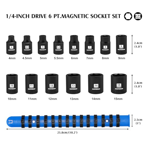 MIXPOWER 14 Drive Shallow Magnetic Impact Socket Set with Storage Rails 14Piece 6 Point 415mm Metric CRMO - Image 3