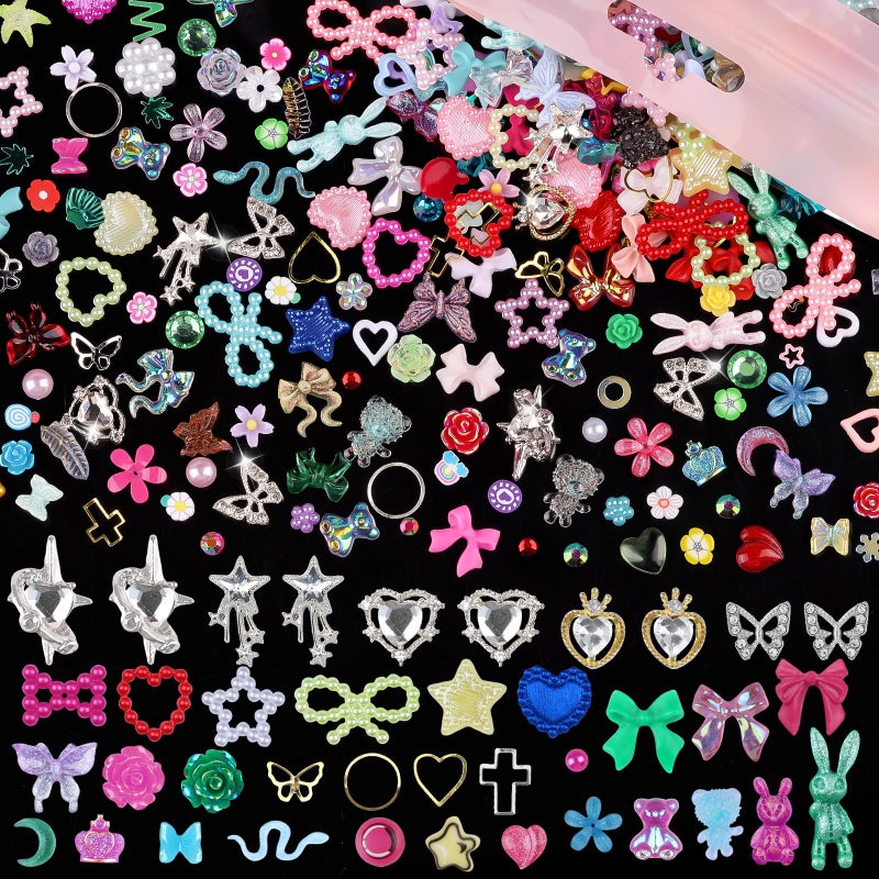 editTime 650pcs Mixed 3D Nail Charms Kit, 12pcs Luxury Metal Nail Rhinestones and 250pcs Resin Butterfly Flower Star Heart Bow Charms with 400pcs Flatback Pearls Rhinestone Metal Gems Charms (Mixed Color) - Image 2