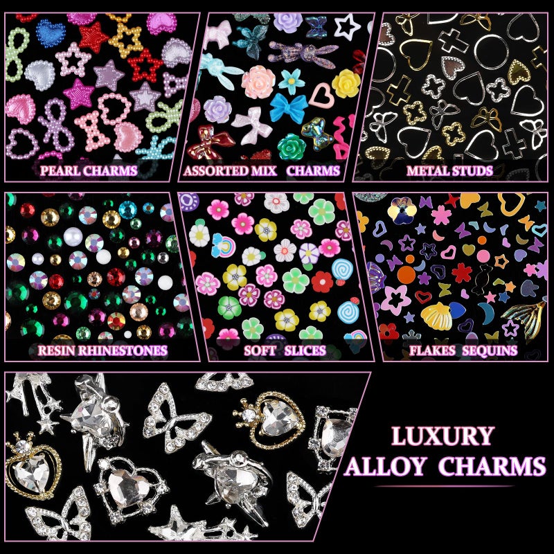 editTime 650pcs Mixed 3D Nail Charms Kit, 12pcs Luxury Metal Nail Rhinestones and 250pcs Resin Butterfly Flower Star Heart Bow Charms with 400pcs Flatback Pearls Rhinestone Metal Gems Charms (Mixed Color) - Image 4