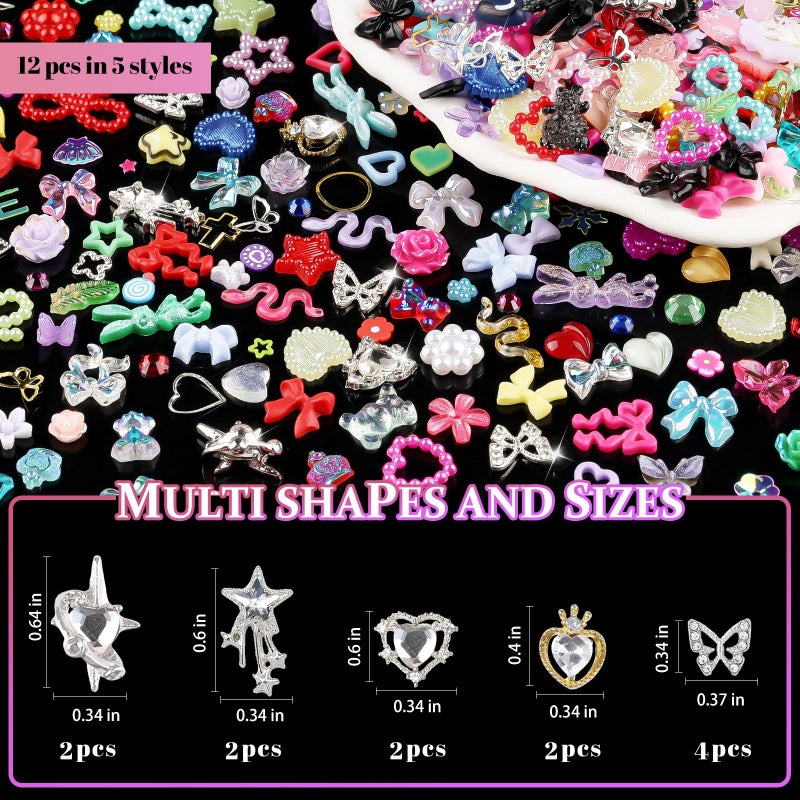 editTime 650pcs Mixed 3D Nail Charms Kit, 12pcs Luxury Metal Nail Rhinestones and 250pcs Resin Butterfly Flower Star Heart Bow Charms with 400pcs Flatback Pearls Rhinestone Metal Gems Charms (Mixed Color) - Image 3