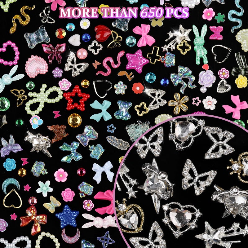 editTime 650pcs Mixed 3D Nail Charms Kit, 12pcs Luxury Metal Nail Rhinestones and 250pcs Resin Butterfly Flower Star Heart Bow Charms with 400pcs Flatback Pearls Rhinestone Metal Gems Charms (Mixed Color) - Image 5