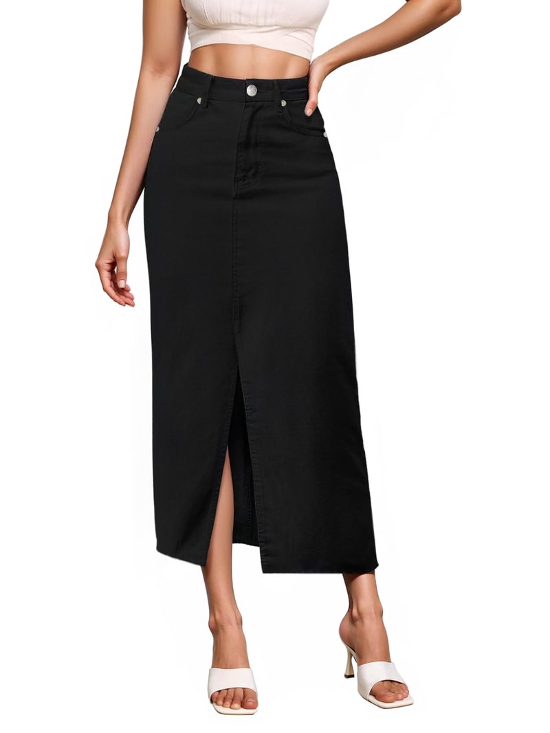Hybrid & Company Hybrid Company Womens Long Denim Skirt Stretch Jean Skirt for Office and Casual Wear LSKS19410 Jet Black 4
