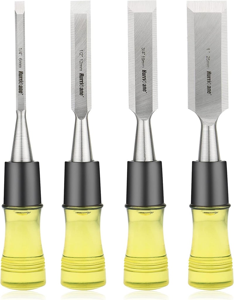 Hurricane 4 Piece Wood Chisel Set for Woodworking. CR-V Steel Beveled Edge Blades with Safety Caps. Extra Large Grip, Impact-Resistant PVC Handle Chisels (1/4", 1/2", 3/4", 1") - Image 1