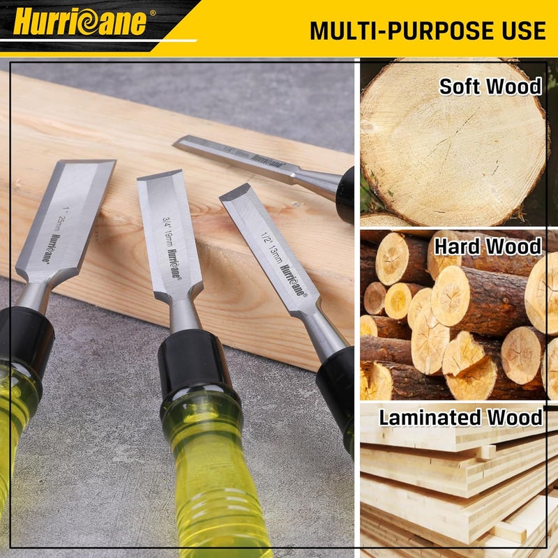 Hurricane 4 Piece Wood Chisel Set for Woodworking. CR-V Steel Beveled Edge Blades with Safety Caps. Extra Large Grip, Impact-Resistant PVC Handle Chisels (1/4", 1/2", 3/4", 1") - Image 5