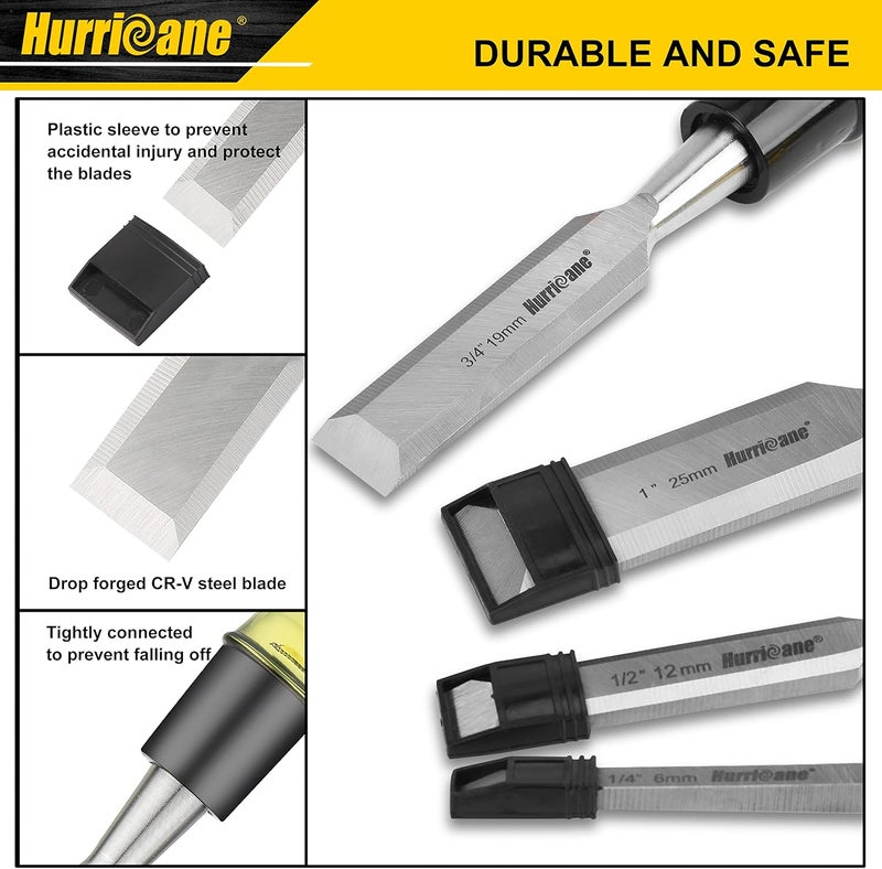 Hurricane 4 Piece Wood Chisel Set for Woodworking. CR-V Steel Beveled Edge Blades with Safety Caps. Extra Large Grip, Impact-Resistant PVC Handle Chisels (1/4", 1/2", 3/4", 1") - Image 4