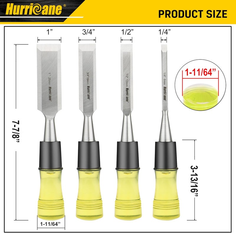 Hurricane 4 Piece Wood Chisel Set for Woodworking. CR-V Steel Beveled Edge Blades with Safety Caps. Extra Large Grip, Impact-Resistant PVC Handle Chisels (1/4", 1/2", 3/4", 1") - Image 2