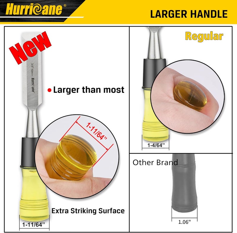 Hurricane 4 Piece Wood Chisel Set for Woodworking. CR-V Steel Beveled Edge Blades with Safety Caps. Extra Large Grip, Impact-Resistant PVC Handle Chisels (1/4", 1/2", 3/4", 1") - Image 3