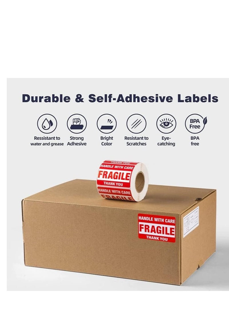 Goodern - Goodern 1 Roll 500Pcs Fragile Stickers Self Adhesive Labels Stickers Handle with Care Stickers for Packing Shipping Moving Warning Stickers Thank You Fragile Labels Permanent Adhesive Shipping Labels - Image 1