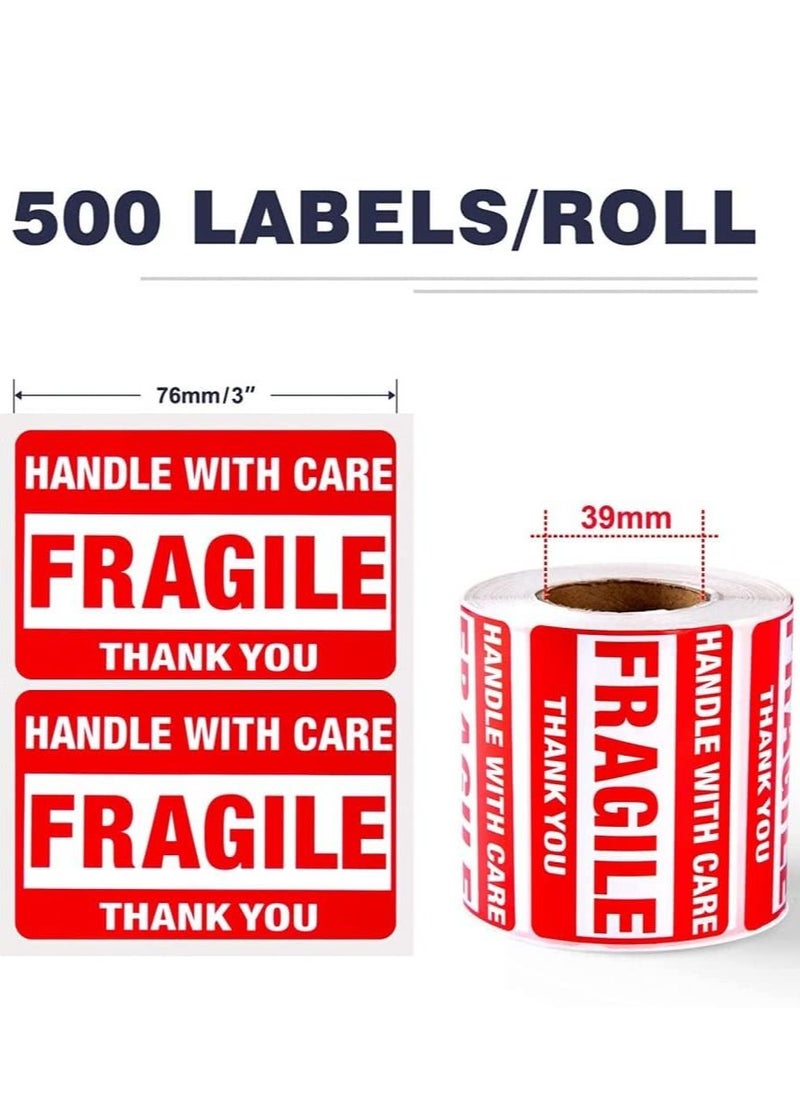 Goodern - Goodern 1 Roll 500Pcs Fragile Stickers Self Adhesive Labels Stickers Handle with Care Stickers for Packing Shipping Moving Warning Stickers Thank You Fragile Labels Permanent Adhesive Shipping Labels - Image 1