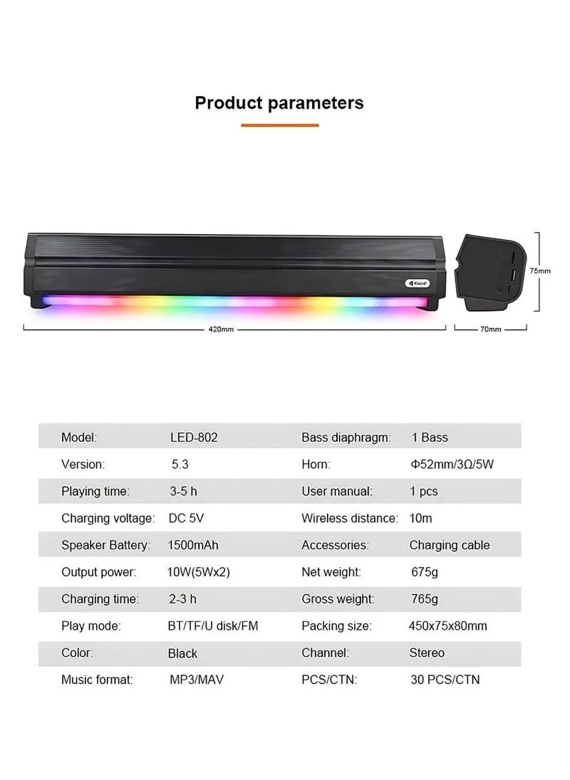 Kisonli LED-802 RGB Speaker with Powerful 5W Sound, 5 Hours Playtime, TF & USB Playback, Type-C Charging-BLACK