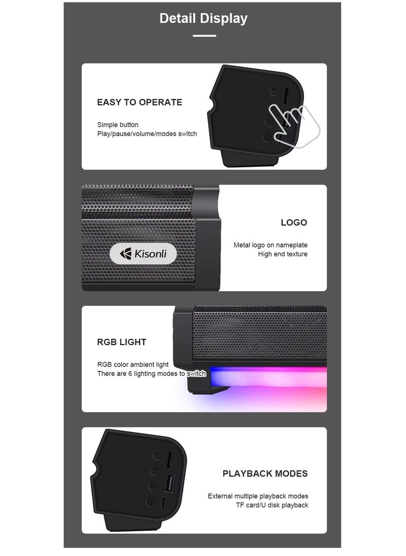 Kisonli LED-802 RGB Speaker with Powerful 5W Sound, 5 Hours Playtime, TF & USB Playback, Type-C Charging-BLACK