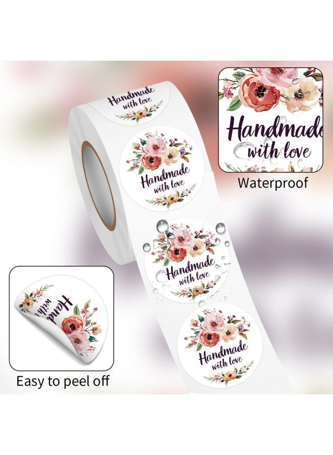 Acetiamin Floral Handmade with Love Stickers Roll, 1.5 inch 500 PCS Flower Homemade with Love Stickers for Handmade Baked Goods, Crafts, Gifts Package, Small Businesses - Image 3