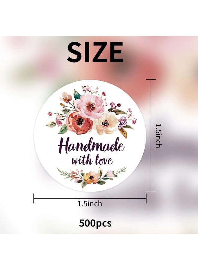 Acetiamin Floral Handmade with Love Stickers Roll, 1.5 inch 500 PCS Flower Homemade with Love Stickers for Handmade Baked Goods, Crafts, Gifts Package, Small Businesses - Image 2