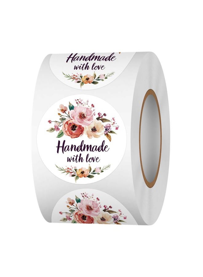 Acetiamin Floral Handmade with Love Stickers Roll, 1.5 inch 500 PCS Flower Homemade with Love Stickers for Handmade Baked Goods, Crafts, Gifts Package, Small Businesses - Image 1