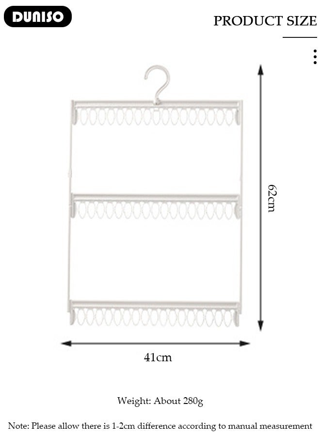 DUNISO 3 Layer Sock Drying Rack with 360° rotating hook, Portable Clothes Hanger Rack,Space-Saving Clothes Hanger, Laundry Drying Rack with 54 Clips for Socks, Bras, Underwear, Baby Clothes, Hats, Scarfs, Towels, Pants, and Gloves  - Image 4