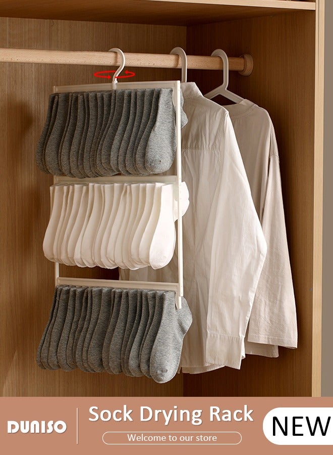 DUNISO 3 Layer Sock Drying Rack with 360° rotating hook, Portable Clothes Hanger Rack,Space-Saving Clothes Hanger, Laundry Drying Rack with 54 Clips for Socks, Bras, Underwear, Baby Clothes, Hats, Scarfs, Towels, Pants, and Gloves  - Image 1