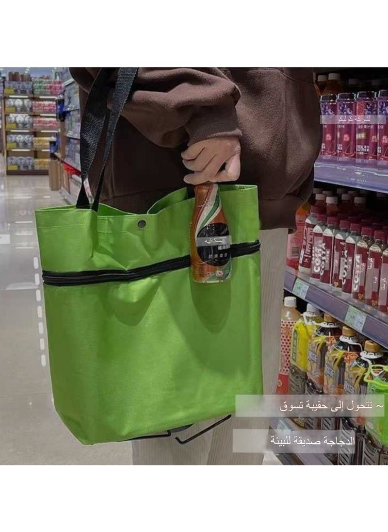 ELIKLIV 2-in-1 Foldable Shopping Cart with Wheeled Foldable Miscellaneous Truck Shopping Bag Retractable travel storage bag Fashionable Large Capacity Shopping Bag Reusable folding cart on wheels Oxford Waterproof Shopping & Travel Shopping Bag (Green, 41X46cm)  - Image 5