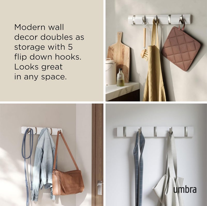Umbra Flip 5-Hook Wall Mounted Coat Rack - Modern White and Nickel Design for Coats, Scarves, and Bags - Image 4