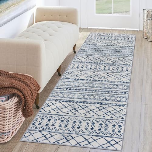 KUTA Moroccan Washable Runner Rug, 2x6 Non-Slip Vintage Blue White Boho Hallway Kitchen Rugs Ultra Soft Distressed Geometric Floor Carpet Runners for Bedroom Laundry Living Room - Image 1