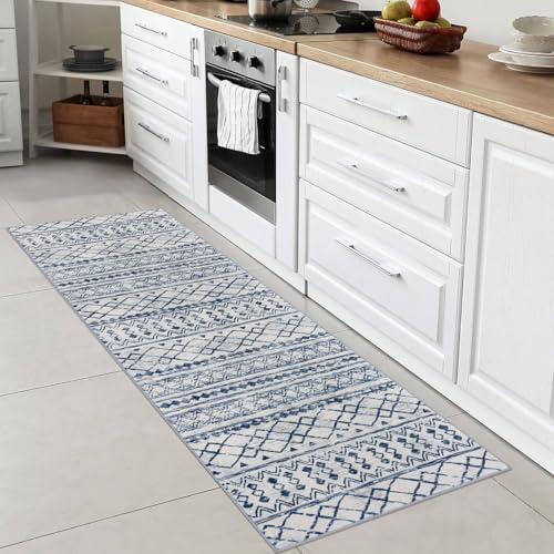 KUTA Moroccan Washable Runner Rug, 2x6 Non-Slip Vintage Blue White Boho Hallway Kitchen Rugs Ultra Soft Distressed Geometric Floor Carpet Runners for Bedroom Laundry Living Room - Image 3