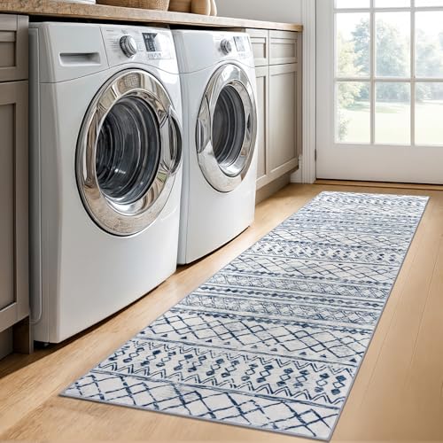 KUTA Moroccan Washable Runner Rug, 2x6 Non-Slip Vintage Blue White Boho Hallway Kitchen Rugs Ultra Soft Distressed Geometric Floor Carpet Runners for Bedroom Laundry Living Room - Image 4
