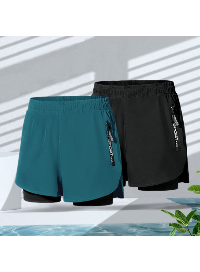 Swimming Trunks Men's Anti-embarrassment Double-layer Quick-drying Swimsuit Set Hot Springs Professional Swimming Lined Loose Swimsuit For Boys-Color:Black And Blue Two-pack 【double-layer Interior】  - Image 1