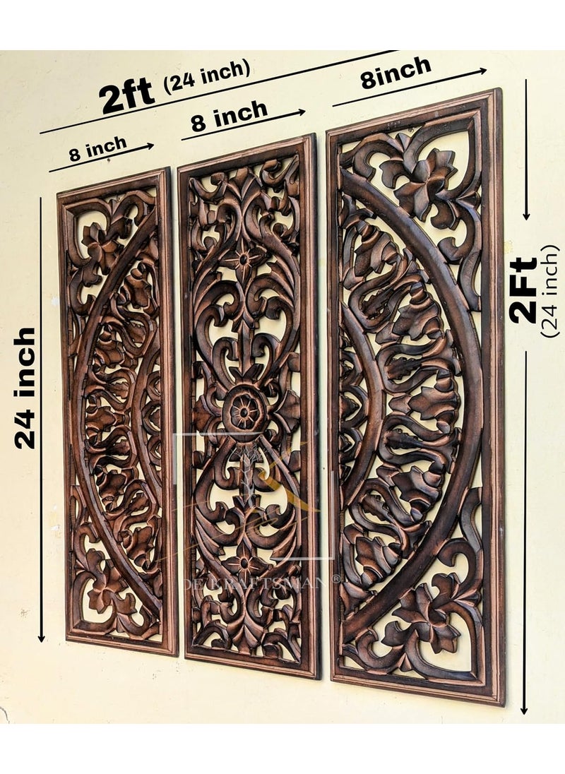 DE KRAFTSMAN DE KRAFTSMAN wall panels for living room jharokha wall decor purpose set of 3 handcrafted HASTKAARI design 24x8 inch mediumo size wall plaques carved  - Image 2