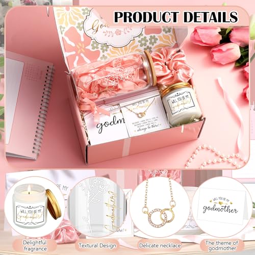 Singhoow 6 Pcs Godmother Proposal Gift Set Will You Be My Godmother 16oz Glass Cup Necklace Scented Candle Gift Box from Godchild for Mother's Dayy Christmas Birthday Baptism(Pink) - Image 4