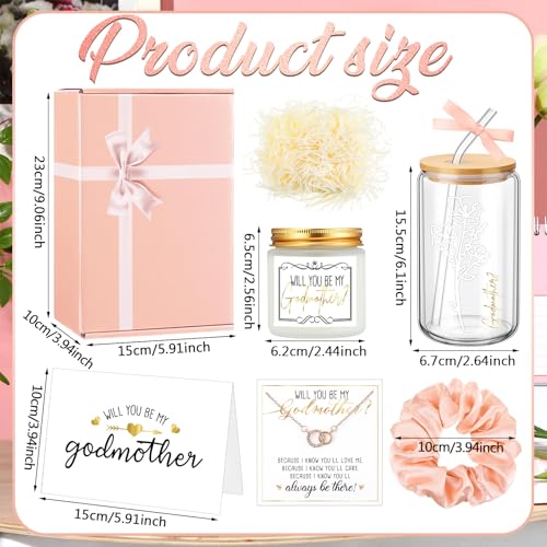 Singhoow 6 Pcs Godmother Proposal Gift Set Will You Be My Godmother 16oz Glass Cup Necklace Scented Candle Gift Box from Godchild for Mother's Dayy Christmas Birthday Baptism(Pink) - Image 3