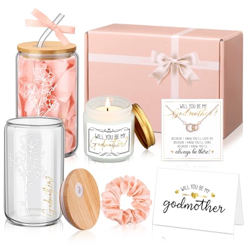 Singhoow 6 Pcs Godmother Proposal Gift Set Will You Be My Godmother 16oz Glass Cup Necklace Scented Candle Gift Box from Godchild for Mother's Dayy Christmas Birthday Baptism(Pink) - Image 1