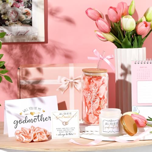 Singhoow 6 Pcs Godmother Proposal Gift Set Will You Be My Godmother 16oz Glass Cup Necklace Scented Candle Gift Box from Godchild for Mother's Dayy Christmas Birthday Baptism(Pink) - Image 2