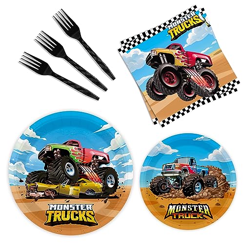 BQK 96 Pcs Monster Truck Plates and Napkins Monster Truck Birthday Decorations and Party Supplies - Image 1