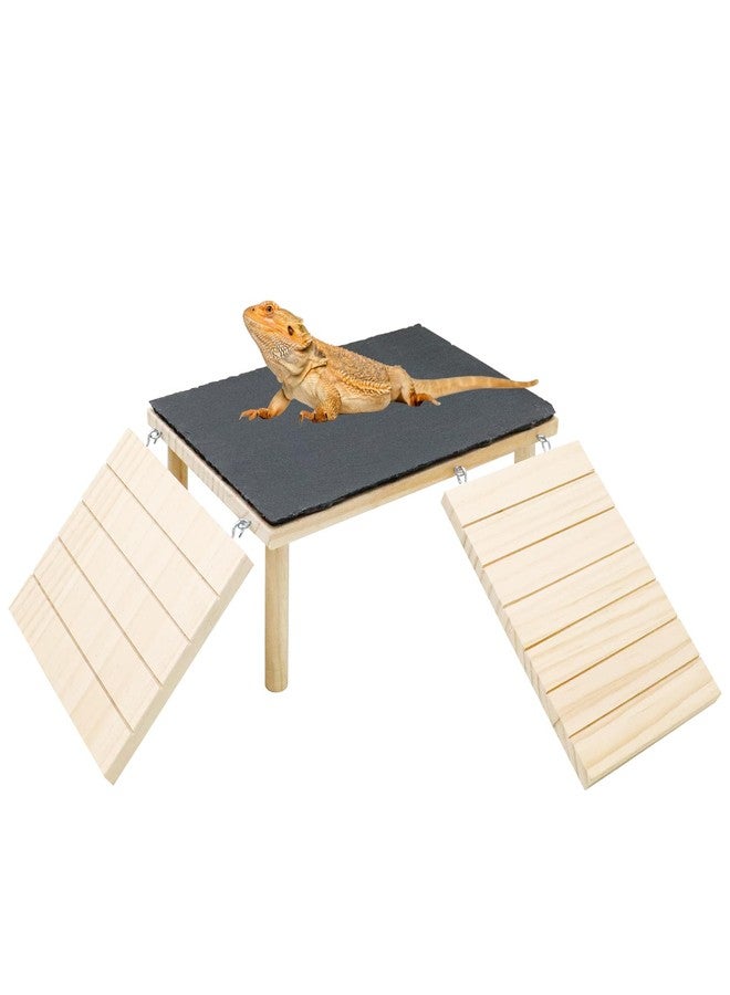 Oooct Bearded Dragon Basking Platform, Wooden + Rock Plate Reptile Cave Hideout with Climbing Ramp, Aquariums & Terrariums Accessories for Bearded Dragons Leopard Geckos Lizards Turtles Hamsters - Image 1