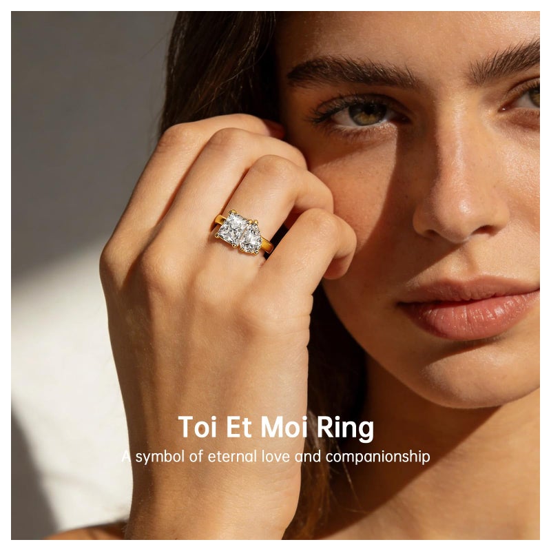Yaresul Toi Et Moi Ring 925 Sterling Silver 14k Plated Women Engagement Ring White Gold Plated 1.5ct 6x8mm Double Stone Ring Emerald & Pear Cut Cubic Zirconia Wedding Band Width Band 2mm Size 7 - Image 5