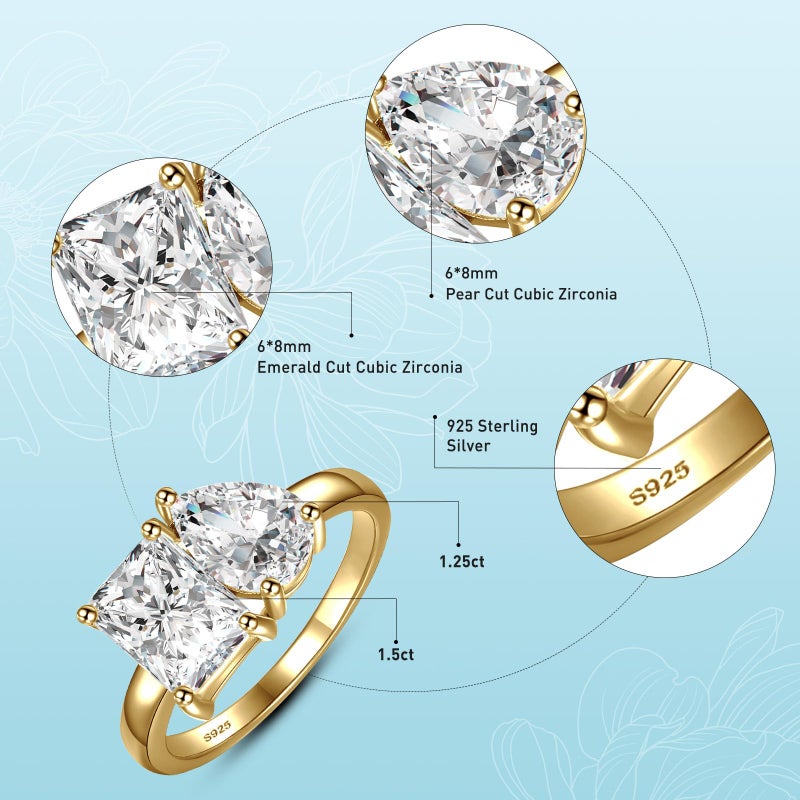 Yaresul Toi Et Moi Ring 925 Sterling Silver 14k Plated Women Engagement Ring White Gold Plated 1.5ct 6x8mm Double Stone Ring Emerald & Pear Cut Cubic Zirconia Wedding Band Width Band 2mm Size 7 - Image 3