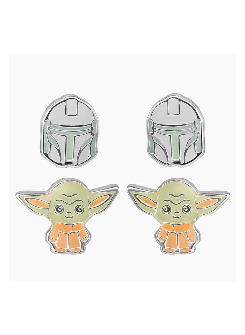 Disney Star Wars The Mandalorian Child, Boba Fett Green, Orange And Grey Enamel Silver Plated Twin Pack Earring Set SF00246SL.PH